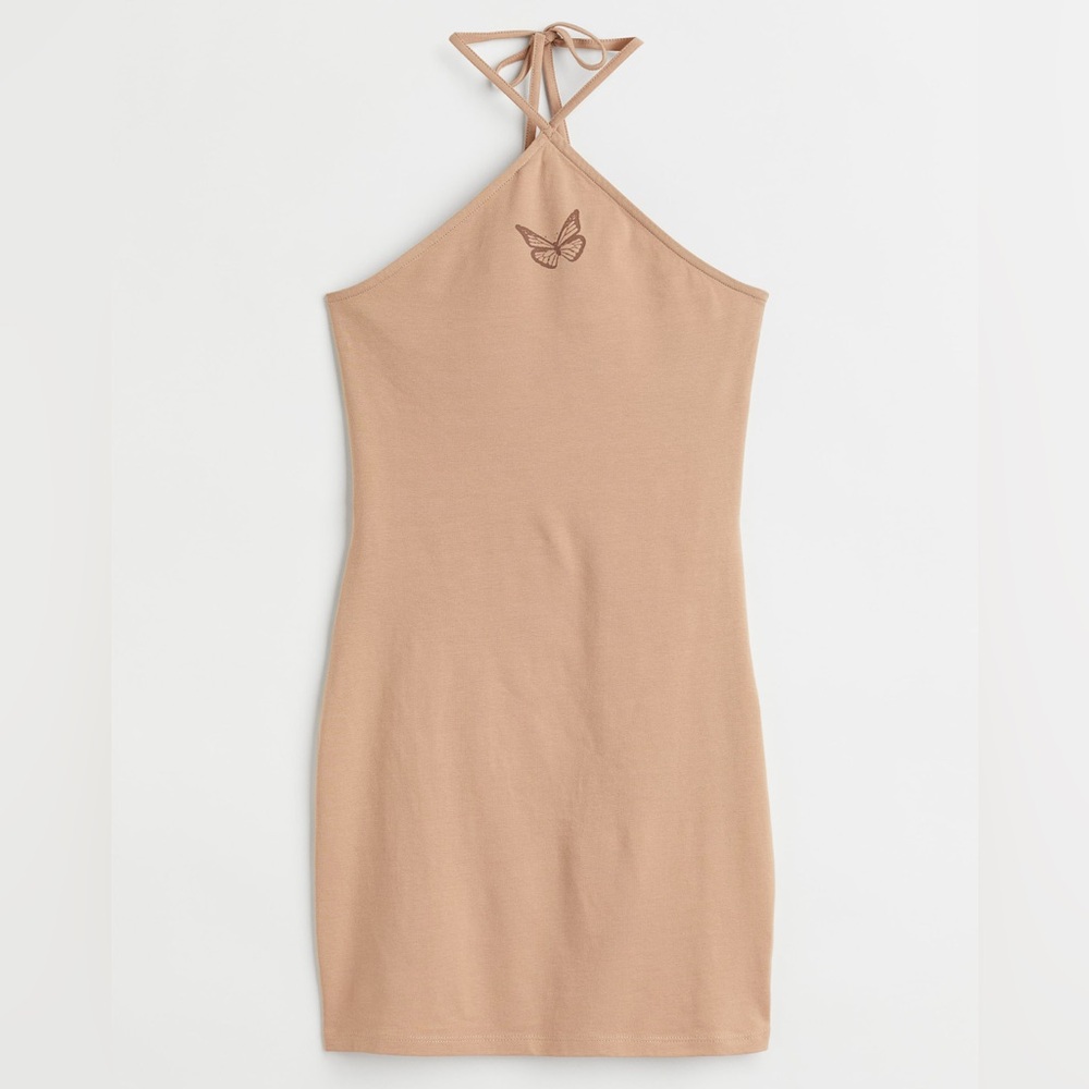 H&M halterneck bodycon nude tan butterfly mini dress Sz XXS Y2K Spring Festival